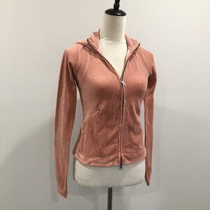 AX ARMANI EXCHANGE Dark Beige Terrycloth Ruffle Hem Zip Pockets Hoodie Jacket